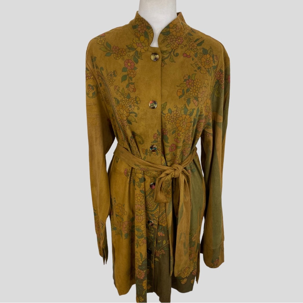 Vintage Tan Faux Suede Multicolor Printed Flower Belted Jacket